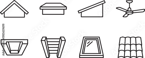 Roofing and house construction line icons set, 8 architectural vector elements, residential roof types and attic window symbols for building design