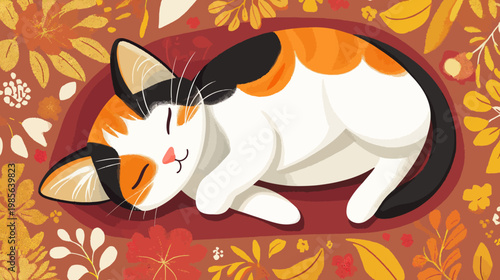 A sweet cartoon cat, tricolor fur, sleeping peacefully amidst a bed of autumn-colored leaves