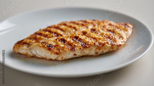 白い皿に盛られた焼き色が美しいジューシーな白身魚のグリル