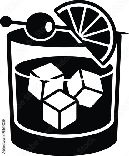 Old fashioned cocktail glass with ice cubes lemon slice and cherry vector filled silhouette.