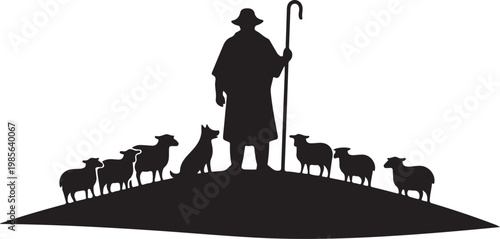 Shepherd Silhouette, Sheep Flock Icon, Black Vector Graphic, Pastoral Scene Illustration