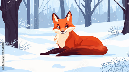 A smiling fox lounges in a snowy forest, its orange fur contrasting the winter scenery