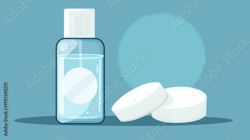 A cartoon illustration featuring a bottle with fluid and white pills on a turquoise background