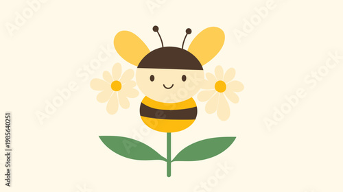 Cartoon illustration of a bee and flower in a simple, cute, and symmetrical design with a cream background