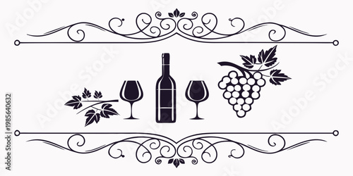 Vintage wine bottle and glasses with grape decorative border, vector