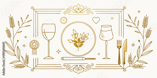 Elegant dining table setting with wine glasses and plate, vector