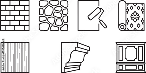 Interior finishing and wall decoration icons set, 7 vector line elements for home renovation, brick and stone textures, wallpaper and molding