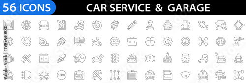 Car service icon set. Garage 56 icon collection. Car garage. Auto service. Car, automobile, wash, shop, oil, maintenance, engine, diagnostic and more. Editable stroke. Vector illustration