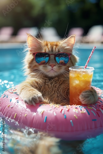 Funny beach resort concept: cat floating in pool with drink, palm trees, and sunny holiday vibes