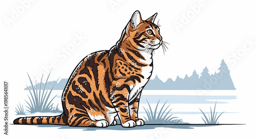 A spotted tabby cat sits in a snowy landscape with frosty grass