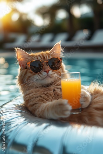 Cool ginger cat in sunglasses relaxing on inflatable ring with tropical cocktail, perfect for summer vacation ads.