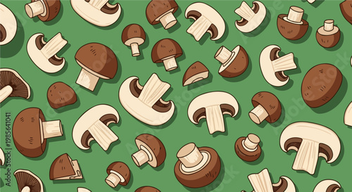 A repeating pattern of various mushrooms on a green background