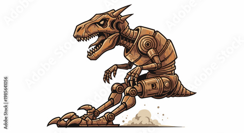 A mechanical dinosaur skeleton in a sitting pose, kicking up dust