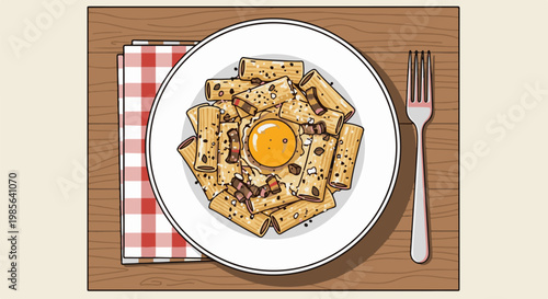 A delicious plate of pasta carbonara with a runny egg yolk, served on a checkered napkin