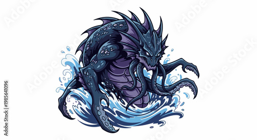 A dark, spiky sea monster with tentacles emerges from blue water