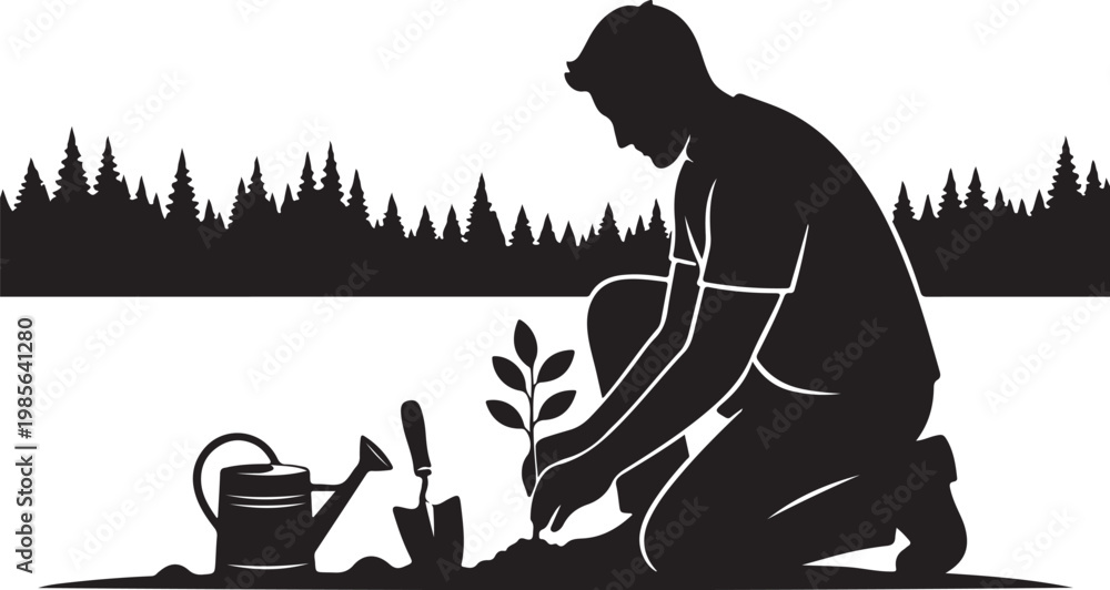 Obraz premium Black silhouette of man planting tree, gardening tools, eco friendly vector illustration