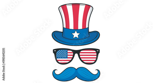 Independence Day Patriotic Uncle Sam hat with flag sunglasses and blue mustache vector illustration for 4th of July party designs USA