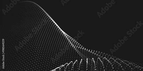 Futuristic wave of dots with moving particles. Black and white music wave. Abstract technology background. Vector illustration