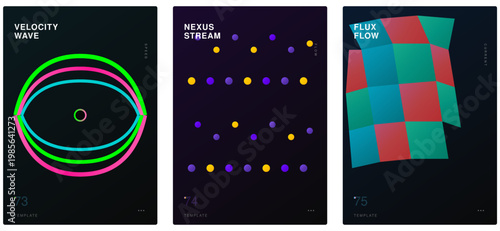 Velocity wave nexus stream flux flow poster template spiral curves dots fragmented