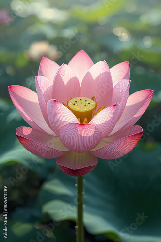 Hyper-realistic Close-up of Blooming Pink Sacred Lotus with Morning Dew Drops