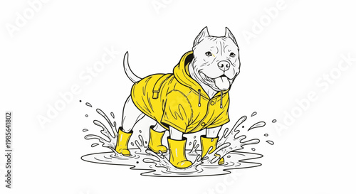 Dog in yellow raincoat and boots splashes in puddles with water