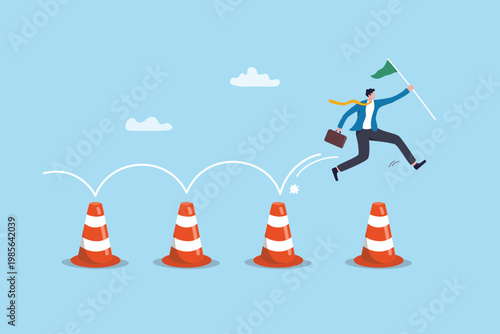 Challenge to overcome obstacles, hurdle or difficulty, leap over trouble issue or business problem, adversity to solve problem, struggle obstruction, determined businessman jump over obstacles pylon.