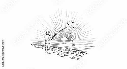 Fisherman casts line at sunrise with sunburst and birds over ocean waves
