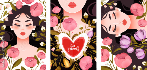 Spring posters with flowers and a girl