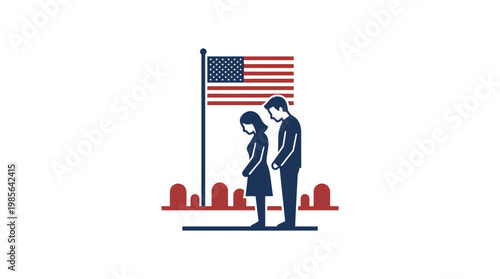 People Mourning at a Cemetery with US Flag