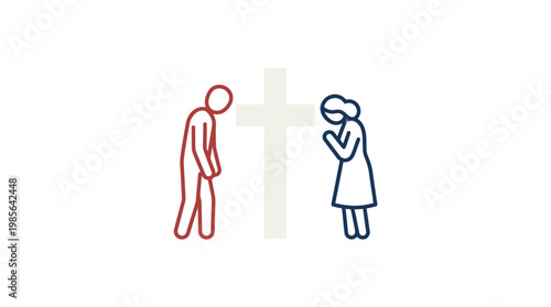 People Praying at a Cross Simple Line Art