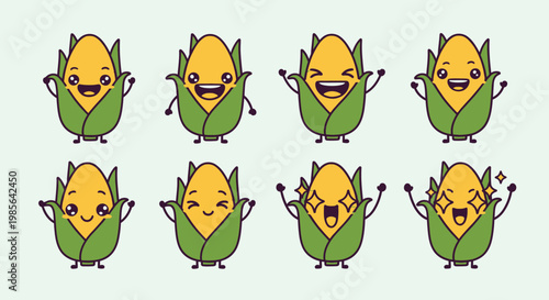 Cute Corn Characters Set Kawaii Style