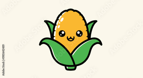 Cute Kawaii Corn Cob Character with Big Eyes and Green Leaves