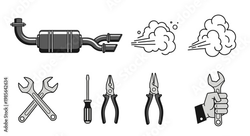 Automotive Exhaust System and Repair Tools Icons