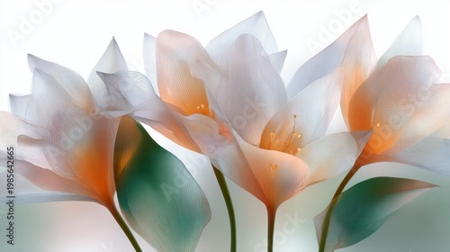 A cluster of translucent flowers unfolds their petals with gentle hues of orange and white, embodying grace and tranquility within a peaceful space, captivating all who behold them
