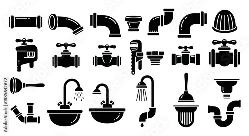 Plumbing Supplies Icons Set Black White