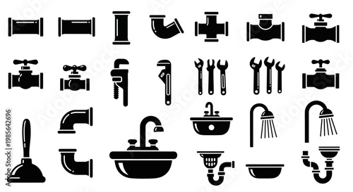 Plumbing Tools And Fixtures Icons Set