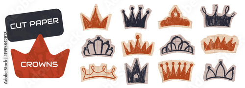 Set of collage cut paper with hand drawn crowns on checkered background