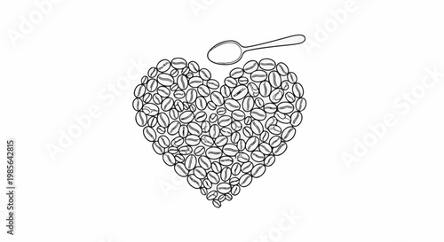 Heart-shaped coffee beans with a spoon on a white background