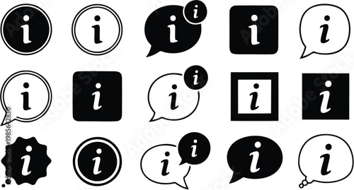 Set of Information Center Web Icons and Support Symbols featuring Info Letter i in Speech Bubbles Circles and Squares Black Vector Silhouette Icons