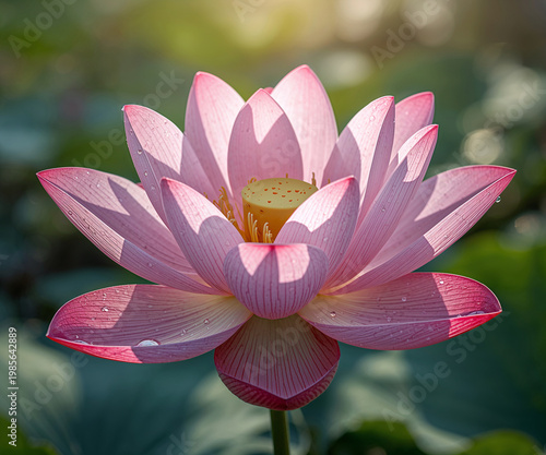 Hyper-realistic Close-up of Blooming Pink Sacred Lotus with Morning Dew Drops