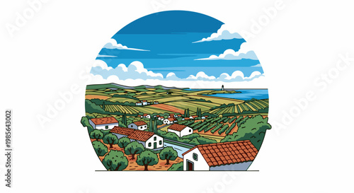 Idyllic countryside village with vineyards and sea, under a cloudy blue sky