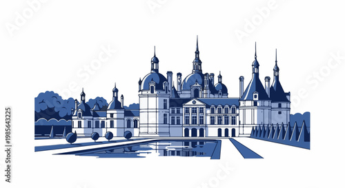 Majestic blue and white castle with ornate towers and reflection pond, set against trees