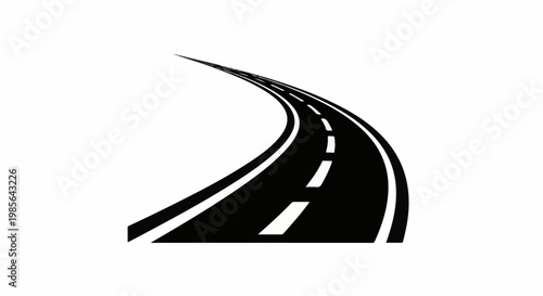 A black asphalt road curves to the right with white dashed lines