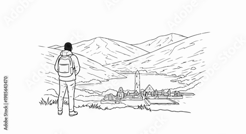 A backpacker surveys an ancient ruin by a lake with mountains