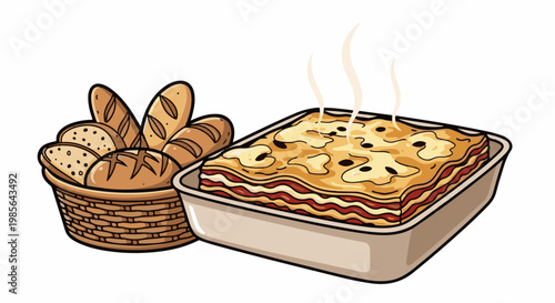 A baking dish filled with steaming lasagna sits next to a basket of bread
