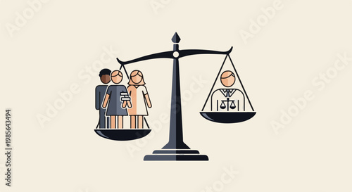 A balance scale shows a group of people weighed against a single figure in robes