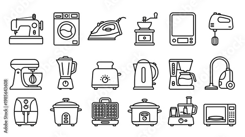 Outline household appliance icons set in monoline style, clean black and white.