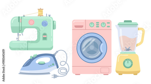 Pastel flat household appliances with rounded shapes, soft colors, minimal style.