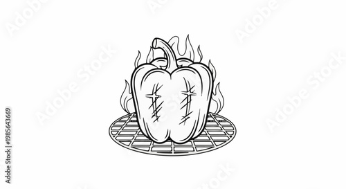 A bell pepper sits on a grill with flames licking its sides