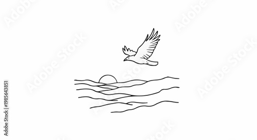 A bird soars over rolling hills at sunrise